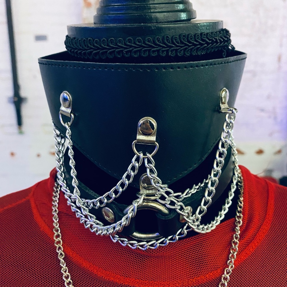 Black Leather Choker with Silver Chains